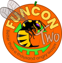 Variant of FunCon logo with wasp in front of carved pumpkin