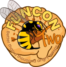 Variant of FunCon logo with wasp hovering over Yorkshire Pudding