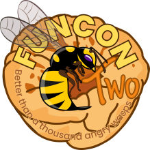 Variant of FunCon logo with wasp hovering over Yorkshire Pudding