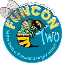 The Funcon logo with snow on the lettering and the wasp wearing a Christmas jumper