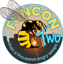 The sun rises behind Stonehenge, and the Funcon wasp hovers in front.