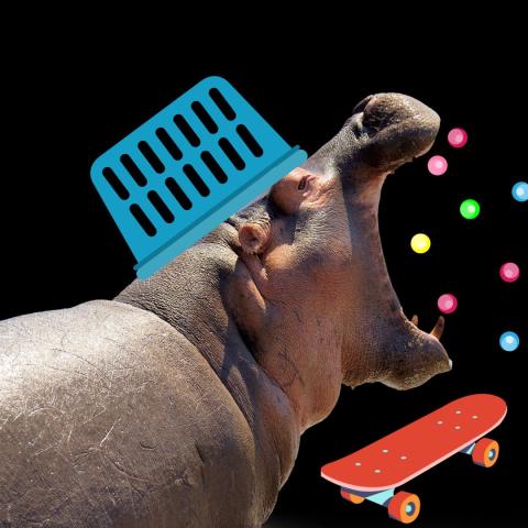 A hippo wearing a blue laundry basket as a hat, eating brightly coloured balls, next to a skate board.