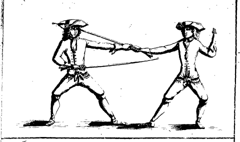 Line drawing of two people fighting with swords. 