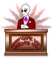 A white-faced alien in a suit behind a desk bearing the convention name
