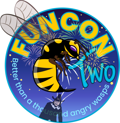 FunCon logo variation with fireworks in the background, Guy Fawkes in the foreground, and as usual, a wasp hovering over everything