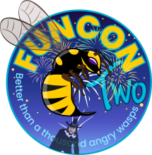 Funcon logo with fireworks in the background and Guy Fawkes in the foreground, and a wasp in the middle as usual