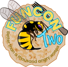 Funcon logo with pancake coated with sugar, and fork behind wasp