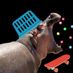 A hippo wearing a blue laundry basket as a hat, eating brightly coloured balls, next to a skate board.