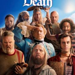 A poster for the TV series Our Flag Means Death, with the title at the top and a diverse group of people in pirate costumes beneath that.